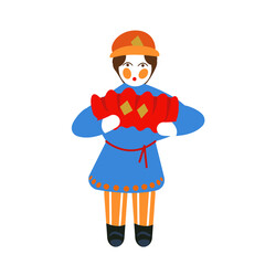 Vector toy man playing the accordion in the national Russian Dymkov ornament, isolated on a white background. Russian folk crafts. Illustration of a Russian toy in a flat cartoon style