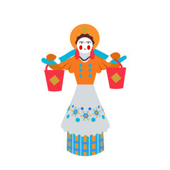 Vector toy woman with buckets on a rocker in the national Russian Dymkov ornament, isolated on a white background. Russian folk crafts. Illustration of a Russian toy in a flat cartoon style