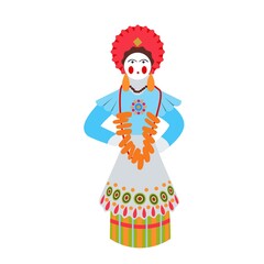 Vector toy woman with bagels in the national Russian Dymkovsky ornament, isolated on a white background. Russian folk crafts. Illustration of a Russian toy in a flat cartoon style