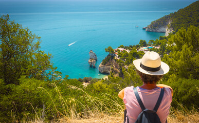 Panoramic view of famous Baia delle Zagare (Zagare Bay) or Baia dei Mergoli (Mergoli Bay) with...
