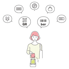 スマホのバーコードを読み取る若い女性　アイコン吹き出し付き／3色