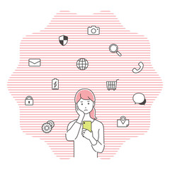 スマートフォンに困惑する若い女性　アイコン付き／3色