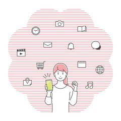 スマートフォンを持ちガッツポーズをする若い女性　アイコン付き／3色