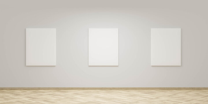 empty blank white canvas in art gallery with white walls and wooden floor exhibition hall 3d render illustration