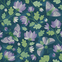 Summer lilac flowers and butterflies, garden - Seamless pattern in a flat style. Spring mood. Vector Background for fabric, textile, wallpaper, poster, web site, card, gift wrapping paper 
