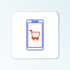 Line Mobile phone and shopping cart icon isolated on white background. Online buying symbol. Supermarket basket symbol. Colorful outline concept. Vector
