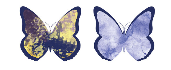 Butterflies with the texture of watercolor stains. Bitmap illustration for summer design.