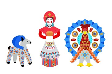 Set of vector toy sheep, a woman with bread in her hands, a turkey with a pattern in the national Russian Dymkov ornament, isolated on a white background. Cartoon-style illustration. Shrovetide