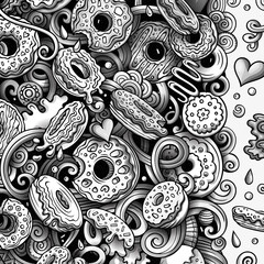 Donuts hand drawn vector doodles illustration. Sweets frame card design