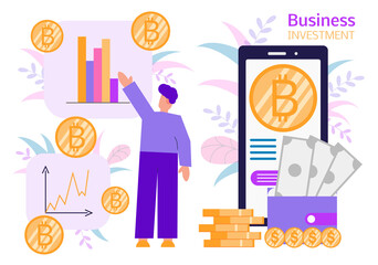 Businessman analyzing a growth cryptocurrency graph, phone,wallet,dollars,gold coin of bitcoin with background of tree leaves. Business, finance and trade. Cryptocurrency vector concept.