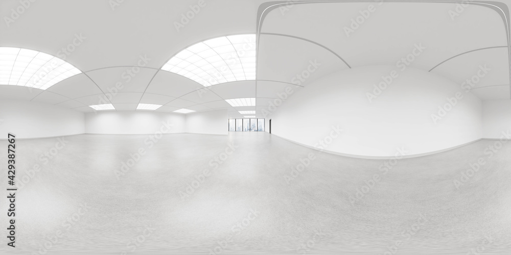 Poster full 360 panorama view of empty white big office loft with big windows and city view 3d render illus