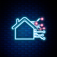 Glowing neon line Smart home icon isolated on brick wall background. Remote control. Colorful outline concept. Vector
