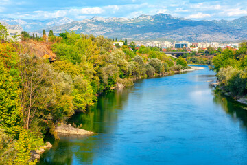View of Moraca River and Mountains in Podgorica Montenegro - obrazy, fototapety, plakaty