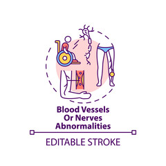 Blood vessels and nerves abnormalities concept icon. Amputation cause idea thin line illustration. Nerve damage. Normal blood flow absence. Vector isolated outline RGB color drawing. Editable stroke