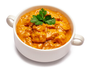 White ceramic bowl of Traditional Chicken Curry isolated on white background with clipping path embedded