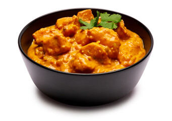 Black ceramic bowl of Traditional Chicken Curry isolated on white background with clipping path embedded