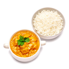 Traditional Chicken Curry and a bowl of boiled rice isolated on white background with clipping path embedded