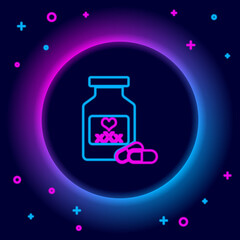 Glowing neon line Medicine bottle with pills for potency, aphrodisiac icon isolated on black background. Sex pills for men and women. Colorful outline concept. Vector