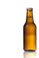 Brown beer bottle in a white background. Beer brown bottle with drops isolated in white background