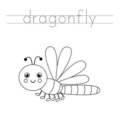 Tracing letters with cute dragonfly. Writing practice for kids.