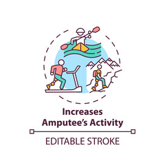Increasing amputee activity concept icon. Prosthesis replacement condition idea thin line illustration. Participation in recreational sports. Vector isolated outline RGB color drawing. Editable stroke