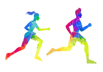 Fototapeta na wymiar Set of rainbow watercolor silhouettes of running man and woman. Jogging. The modern persons involved in sports. Icons and logos of marathon athletes. Vector flat illustration