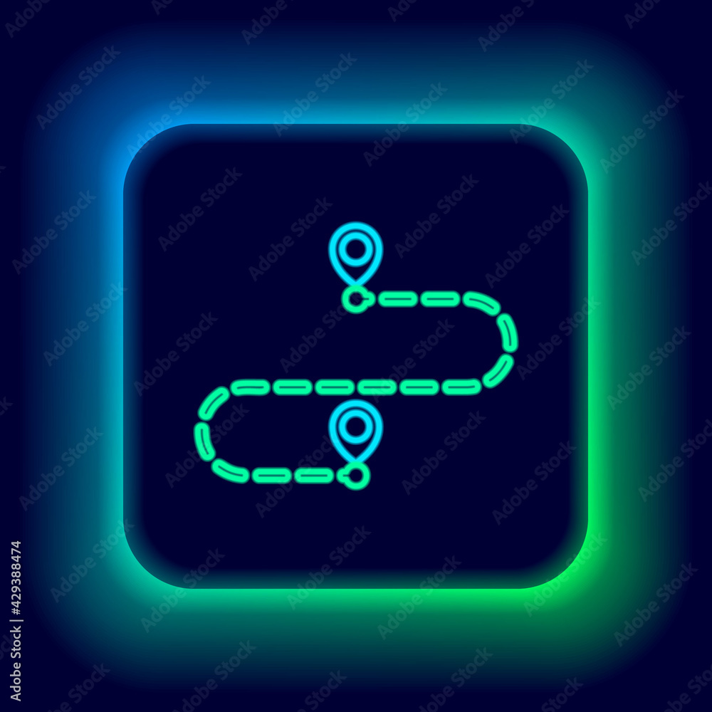 Poster glowing neon line route location icon isolated on black background. map pointer sign. concept of pat
