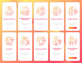 Naklejka premium Power industry onboarding mobile app page screen with concepts set. Fuel supply, security walkthrough 5 steps graphic instructions. UI, UX, GUI vector template with linear color illustrations