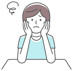 Young woman illustration sitting and rest her chin in her hands ( thinking, worried, nervous )