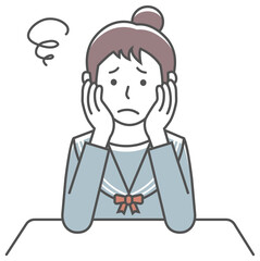 Young woman illustration sitting and rest her chin in her hands ( thinking, worried, nervous )