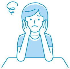 Young woman illustration sitting and rest her chin in her hands ( thinking, worried, nervous )