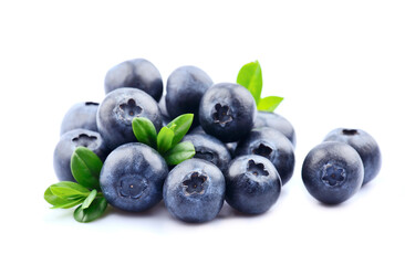 Sweet blueberries with leaves on white backgrounds.