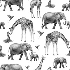 African animals are a seamless pattern. elephants and giraffes black and white