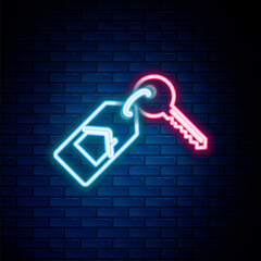 Glowing neon line House with key icon isolated on brick wall background. The concept of the house turnkey. Colorful outline concept. Vector