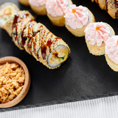 sushi rolls tempura in a beautiful setting