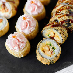 sushi rolls tempura in a beautiful setting