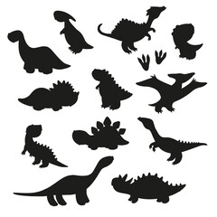 Set of dinosaur silhouette. Cartoon vector monsters. Jurassic dino icons. Elements for card and sticker and t-shirt design