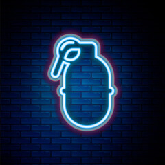 Glowing neon line Hand grenade icon isolated on brick wall background. Bomb explosion. Colorful outline concept. Vector