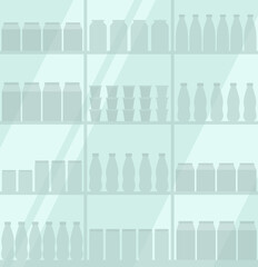 Vector illustration. Shop monochrome shelves with products. Background from shelves with packages and bottles for a supermarket.