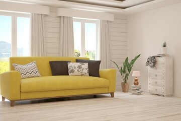 White living room with sofa. Scandinavian interior design. 3D illustration