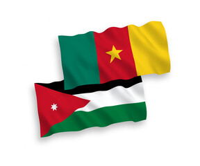 National vector fabric wave flags of Hashemite Kingdom of Jordan and Cameroon isolated on white background. 1 to 2 proportion.