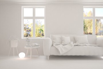 Mock up of minimalist living room in white color with sofa. Scandinavian interior design. 3D illustration