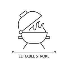 Bbq grill linear icon. Cooking food outdoor. Using wood, charcoal. Open-flame cooking device. Thin line customizable illustration. Contour symbol. Vector isolated outline drawing. Editable stroke