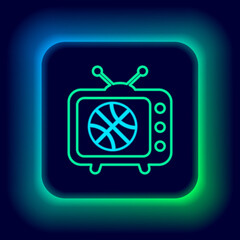 Glowing neon line Location with basketball ball inside icon isolated on black background. Colorful outline concept. Vector