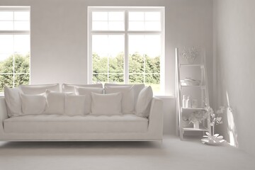 White minimalist living room with sofa. Scandinavian interior design. 3D illustration