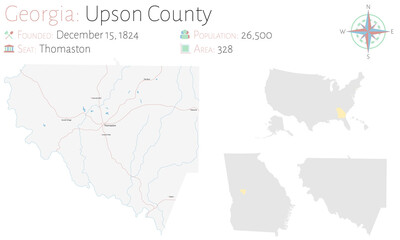 Fototapeta na wymiar Large and detailed map of Upson county in Georgia, USA.
