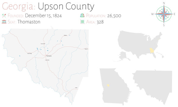 Large and detailed map of Upson county in Georgia, USA.