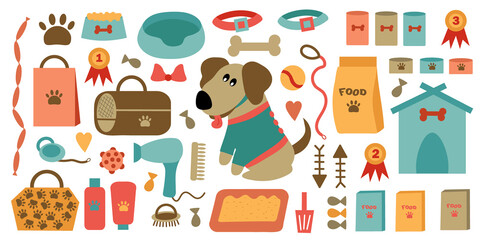 A set of accessories for the care and maintenance of pets. Cute dog in clothes.