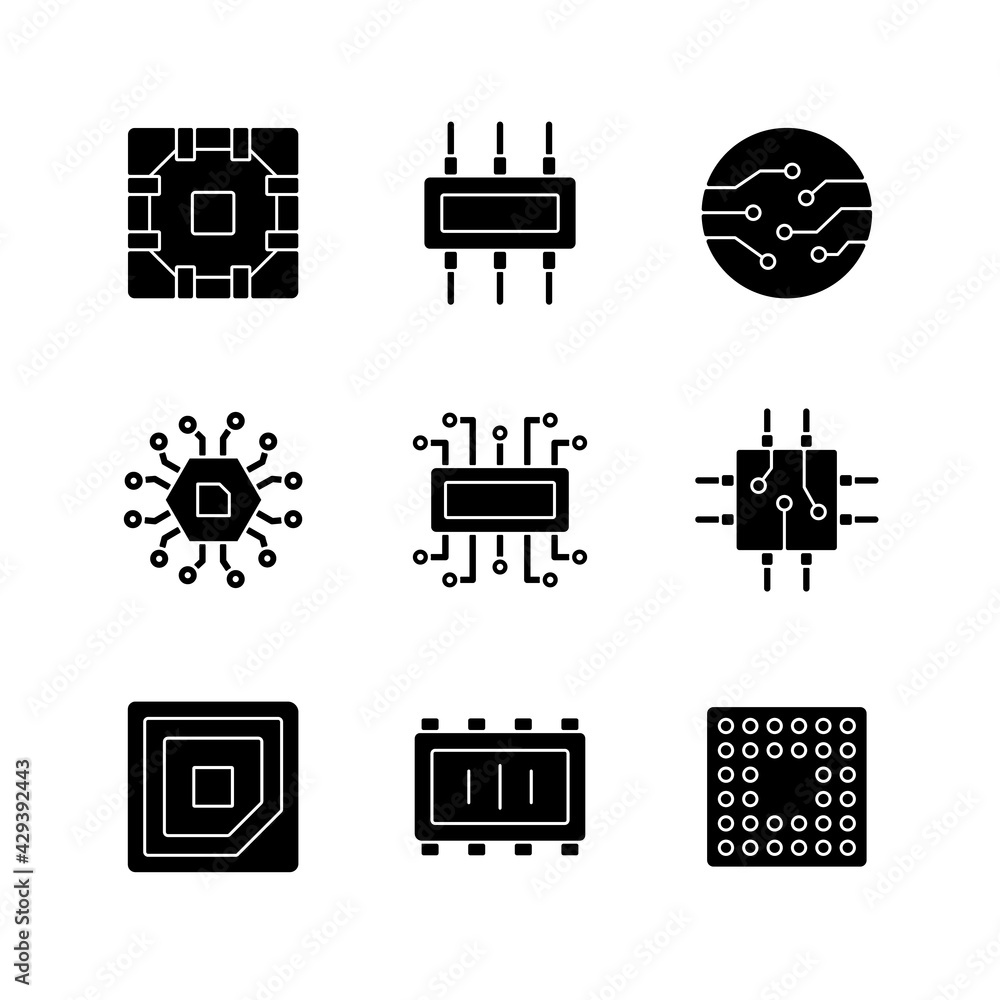 Poster microcircuits black glyph icons set on white space. computer device circuit boards design creation. 