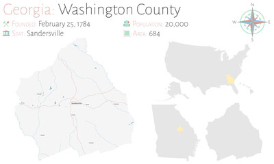 Large and detailed map of Washington county in Georgia, USA.
